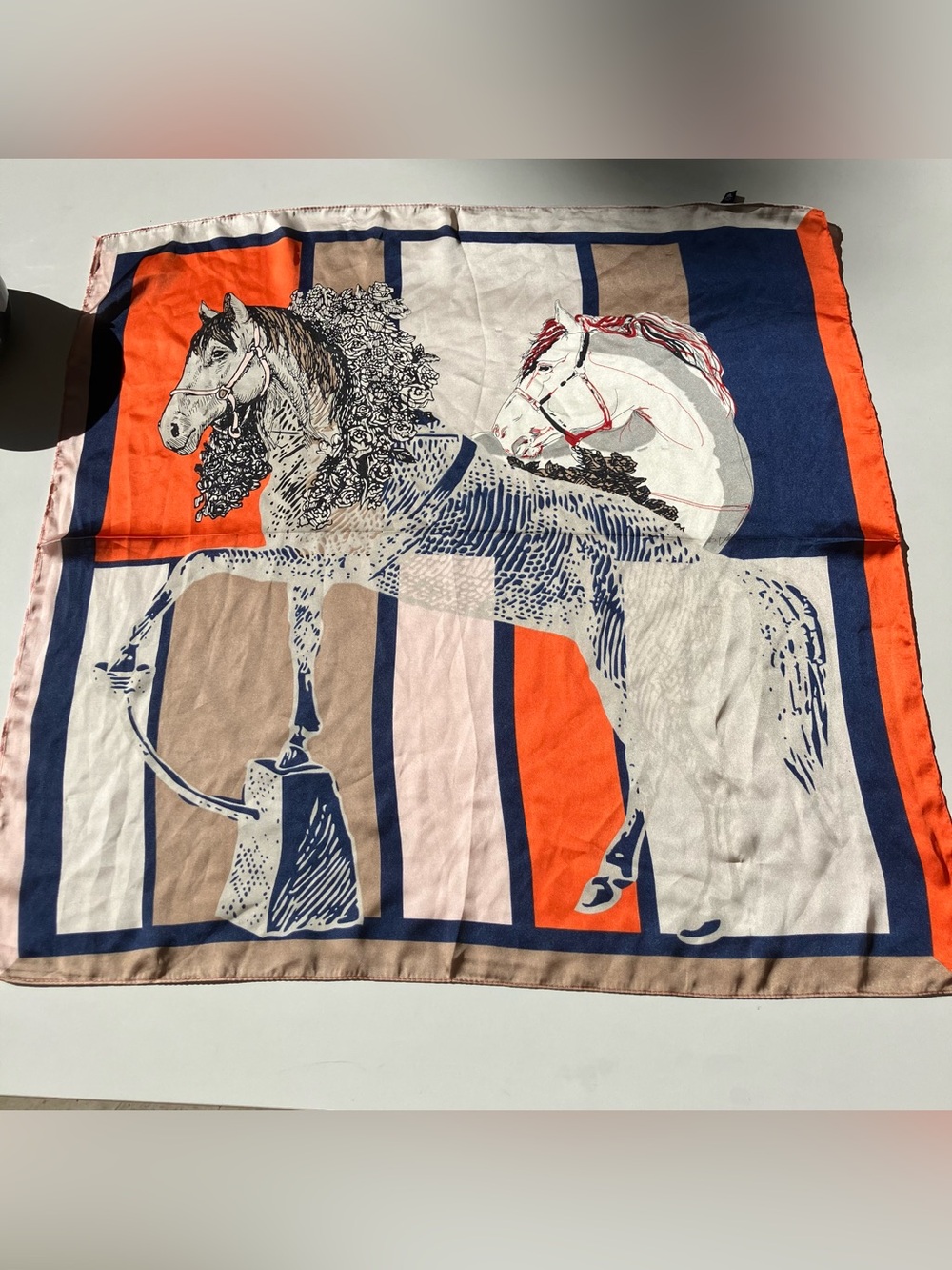 Horse-Print Fashion Scarf in Navy, Orange & Cream
